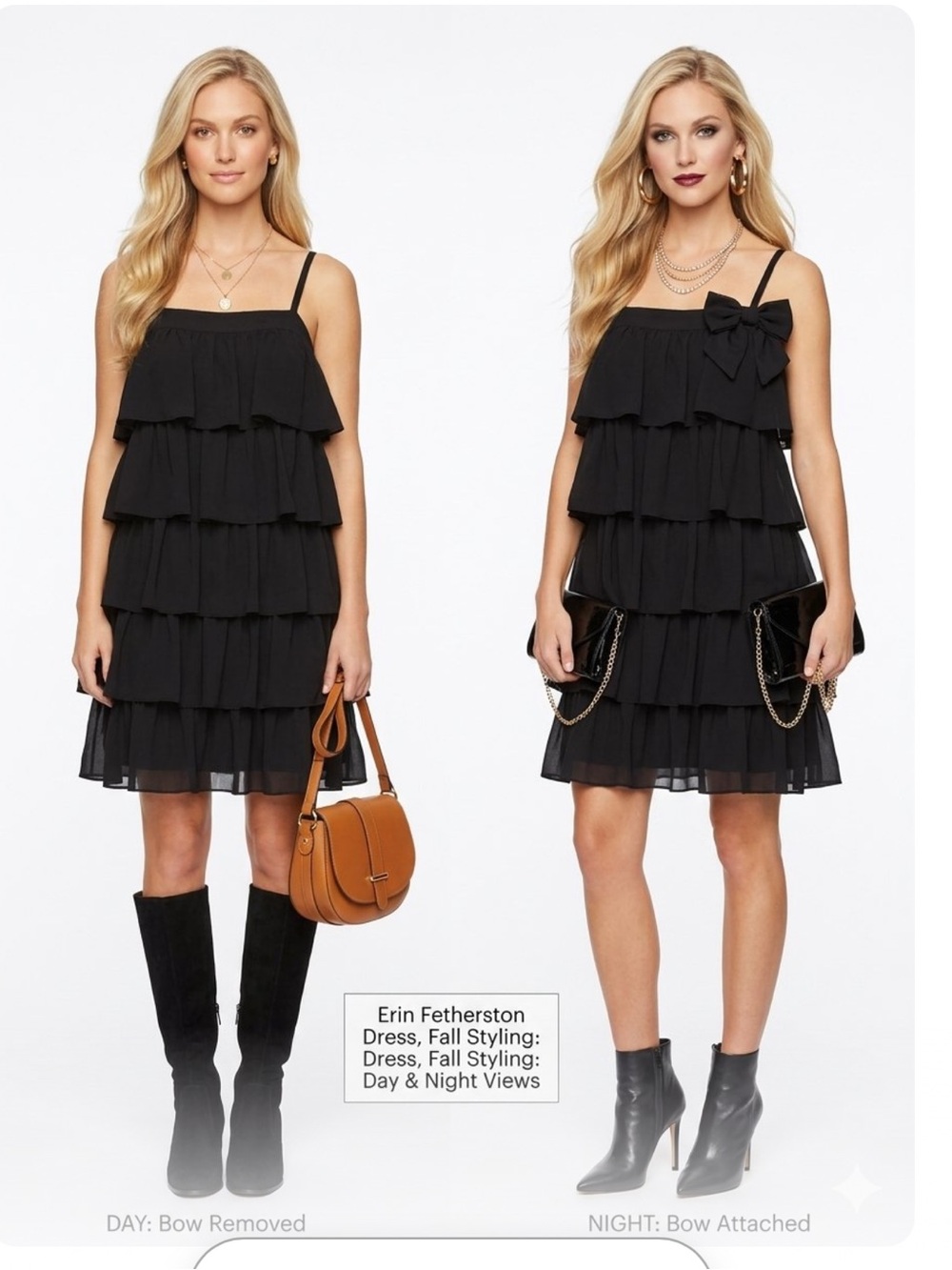 Tiered Ruffle Spaghetti-Strap Mini Dress with Bow - Black the bow is a pin